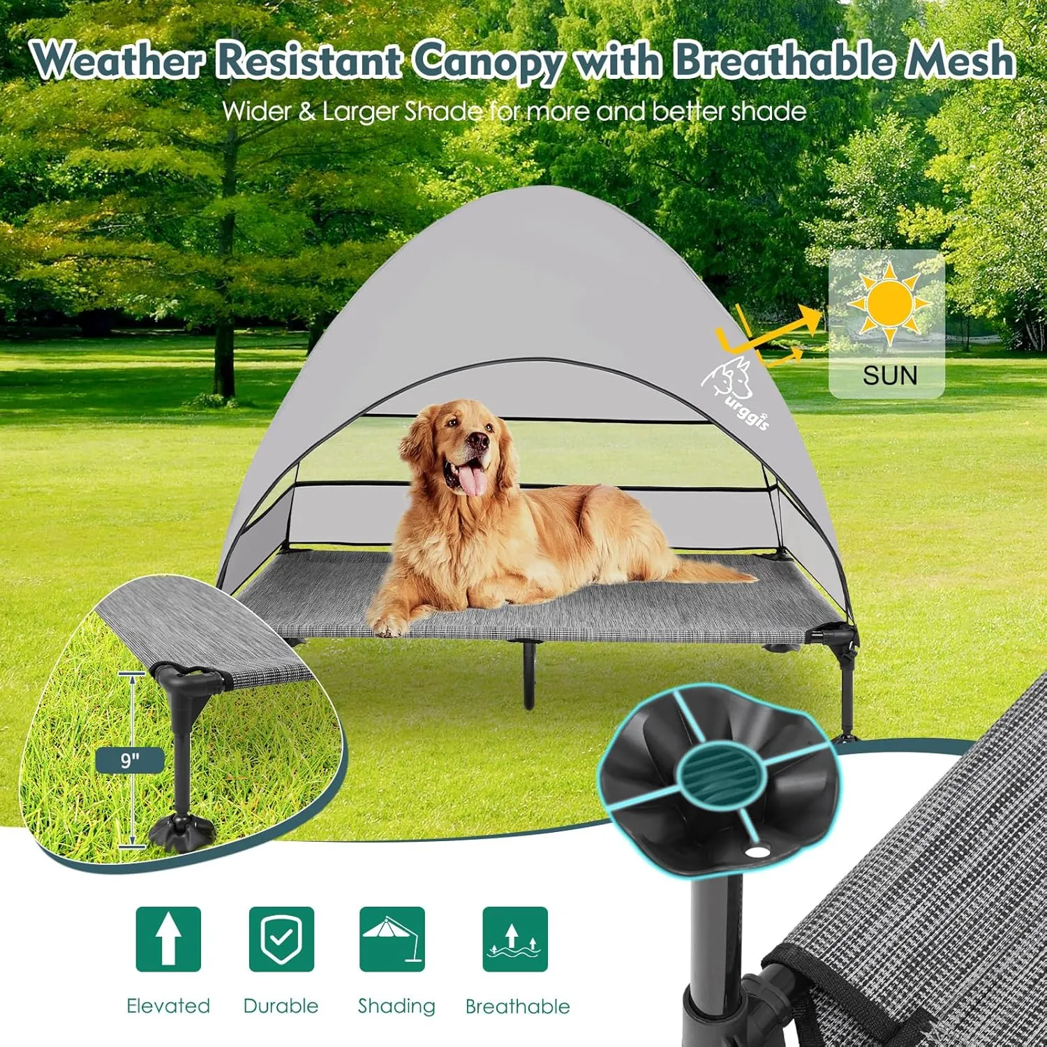 Upgraded Elevated Dog Bed with Canopy, Portable Raised Outdoor Dog Bed with Stable Anti-Slip Feet, Wider Shade Pet Bed Cot, Raised Dog Beds for Large Dogs Camping, Indoor & Outdoor Use