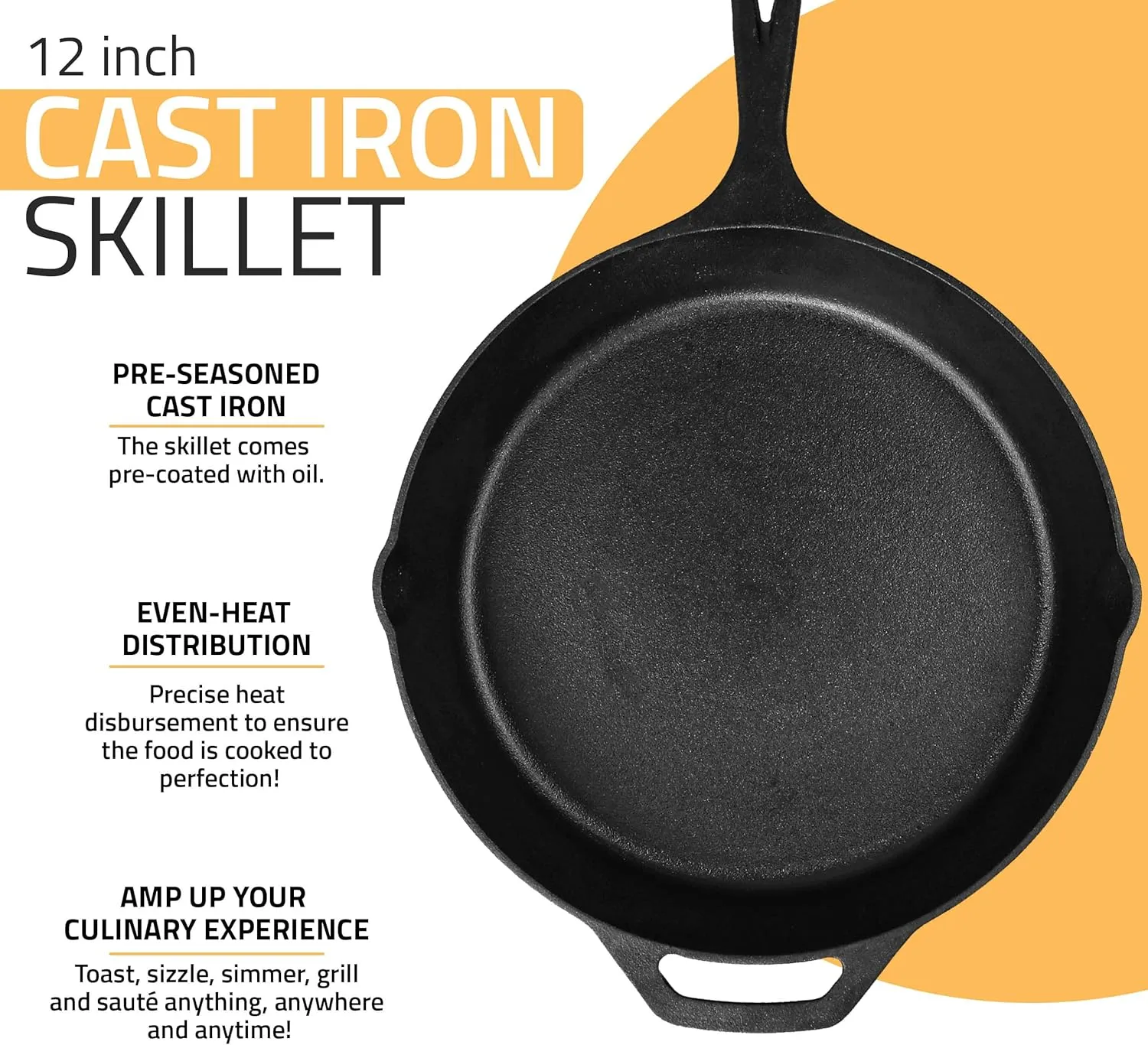 Utopia Kitchen Cast Iron Frying Pan 12 Inch, Cast Iron Chefs Pan, Pre Seasoned Skillet, Safe Grill Cookware for Indoor & Outdoor Use, Black