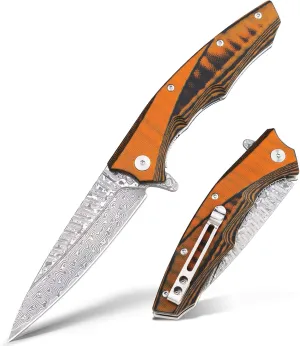 VALHALLA Damascus Pocket Knife for Men, 3.4" Handmade Forged VG10 Damascus Steel Blade, Damascus Blade Utility Knife with Pocket Clip, Gift for Men