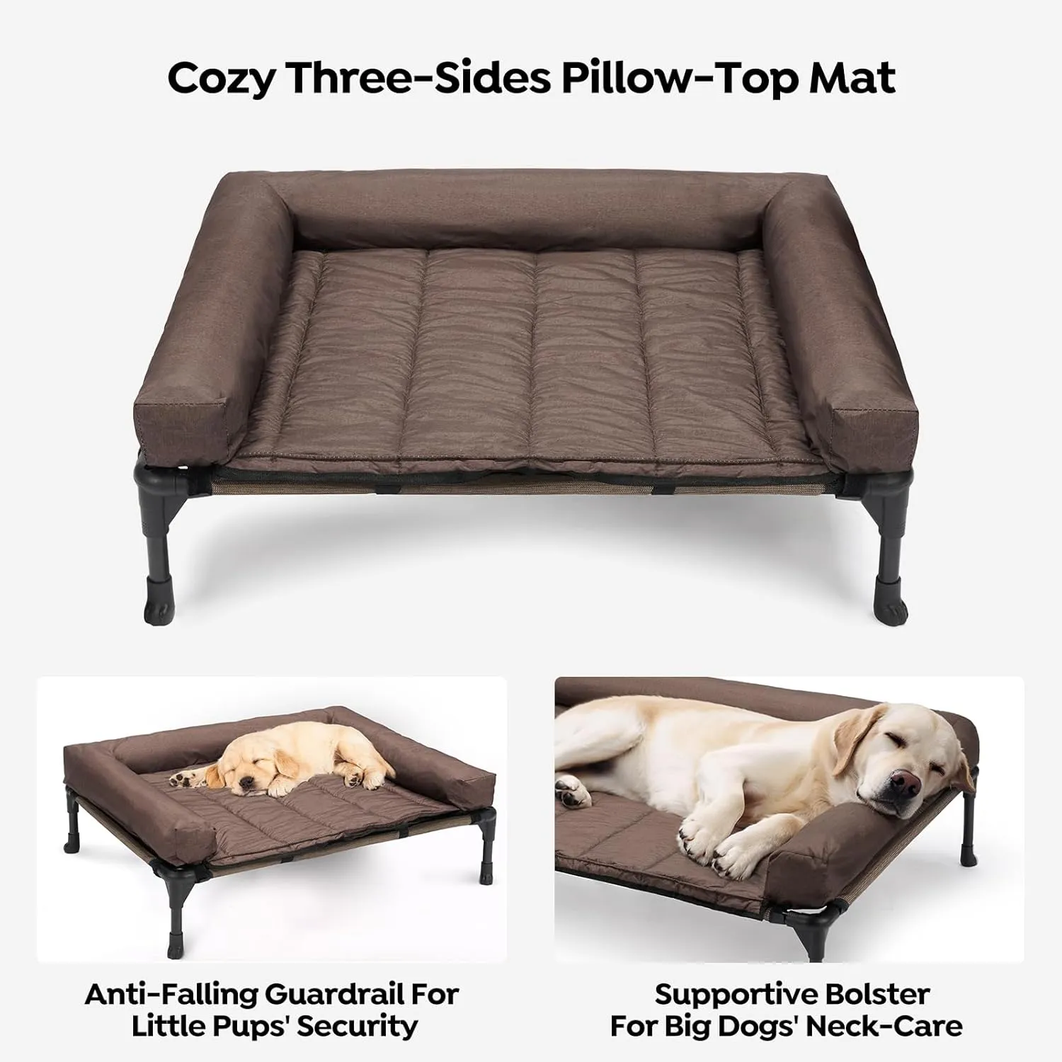 Veehoo Cooling Elevated Dog Bed Add Removable Waterproof Bolster Cushion Mat, Raised Pet Cot with Breathable Teslin Mesh, No-Slip Feet, Dog Couch Bed for Indoor Outdoor, Large, Brown CWC2331B