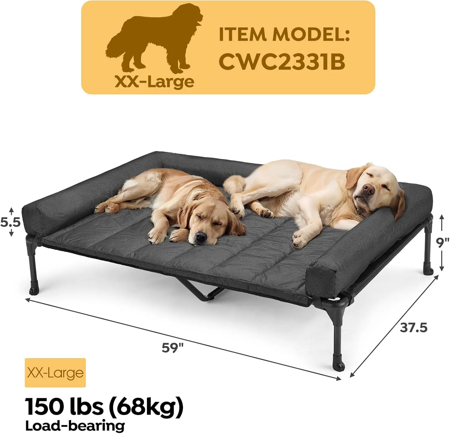 Veehoo Cooling Elevated Dog Bed Add Removable Waterproof Bolster Cushion Mat, Raised Pet Cot with Breathable Teslin Mesh, No-Slip Feet, Dog Sofa Bed for Indoor Outdoor, XXLarge, Black CWC2331B