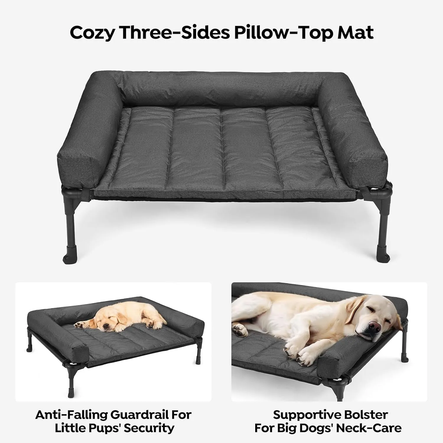 Veehoo Cooling Elevated Dog Bed Add Removable Waterproof Bolster Cushion Mat, Raised Pet Cot with Breathable Teslin Mesh, No-Slip Feet, Dog Sofa Bed for Indoor Outdoor, XXLarge, Black CWC2331B