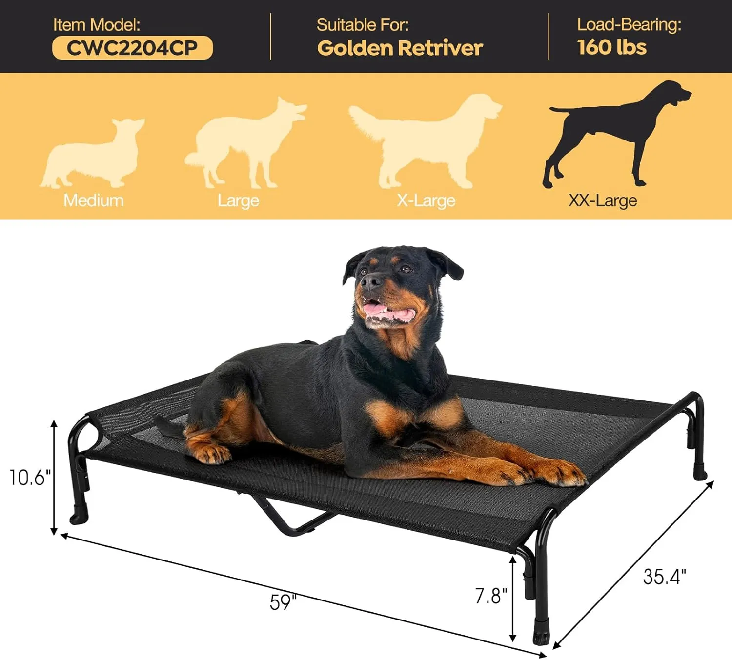 Veehoo XXL Outdoor Elevated Dog Bed, Raised Dog Cot for Extra Large Dogs, Cooling Washable Waterproof Pet Hammock Beds with Slope Headrest, Breathable Mesh and Sturdy Frame, XX-Large, Black, CWC2204