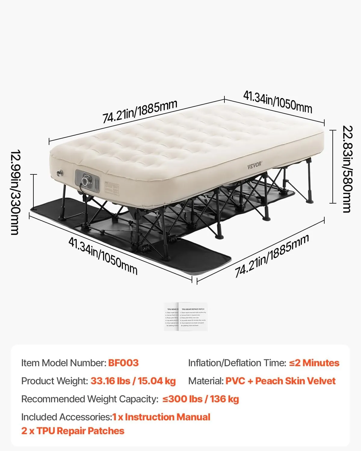 VEVOR Air Mattress with Frame, Inflatable 1 Person Camping Cot with Built-in Pump, Portable Folding Air Beds Supports 300 lbs, Blow Up Anywhere Bed for Guests Camping Travel Indoor & Outdoor Use