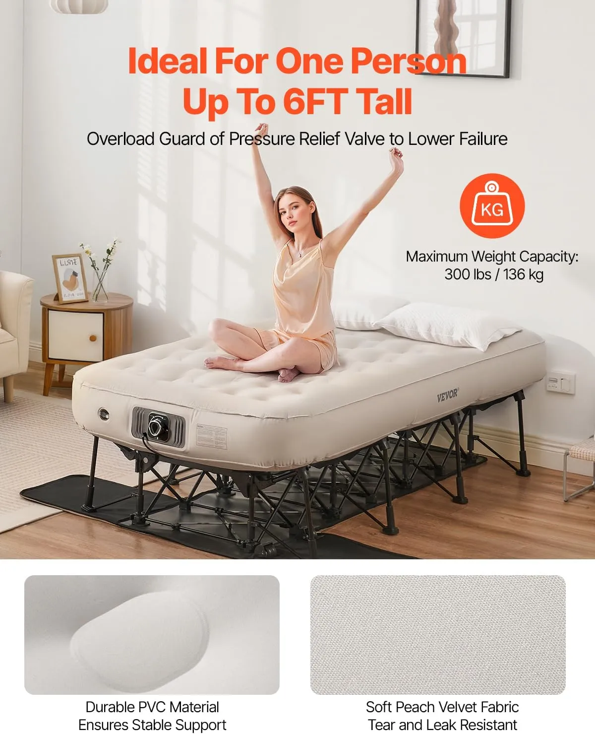 VEVOR Air Mattress with Frame, Inflatable 1 Person Camping Cot with Built-in Pump, Portable Folding Air Beds Supports 300 lbs, Blow Up Anywhere Bed for Guests Camping Travel Indoor & Outdoor Use