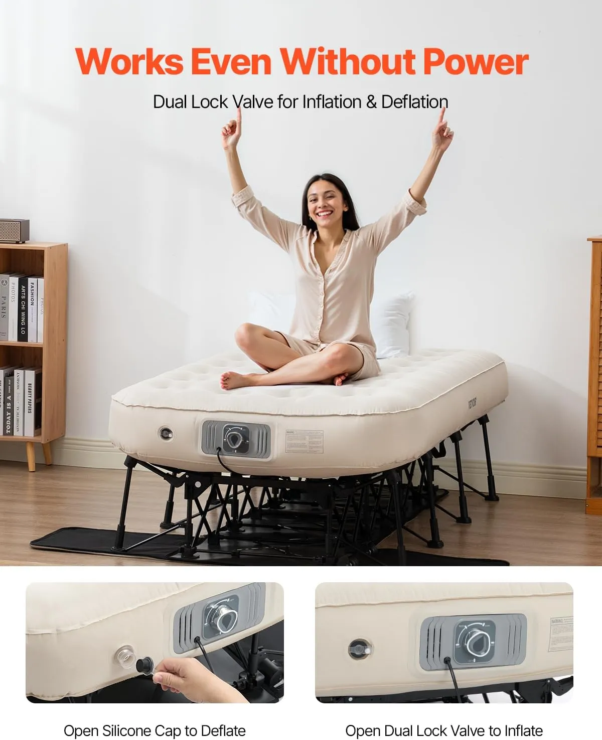 VEVOR Air Mattress with Frame, Inflatable 1 Person Camping Cot with Built-in Pump, Portable Folding Air Beds Supports 300 lbs, Blow Up Anywhere Bed for Guests Camping Travel Indoor & Outdoor Use