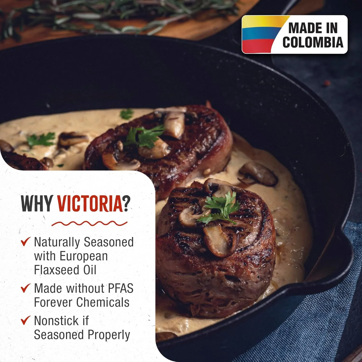 Victoria Cast Iron Skillet Large Frying Pan with Helper Handle Seasoned with 100% Kosher Certified Non-GMO Flaxseed Oil, 12 Inch, Black