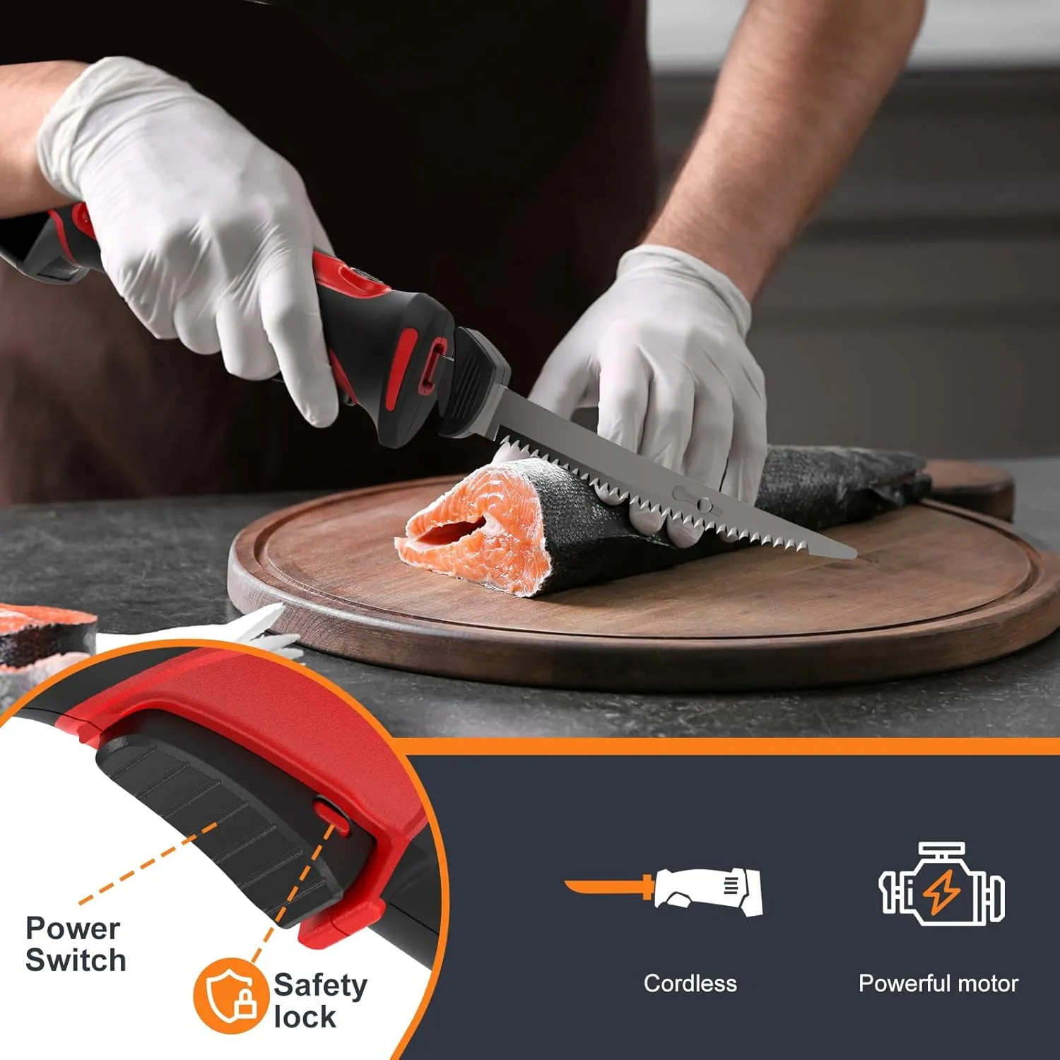 VLOXO Electric Fillet Knife-Cordless Fillet Knife for Fish with 4 Stainless Steel Blades, Non-Slip Grip, Safety Lock, Includes Storage Case