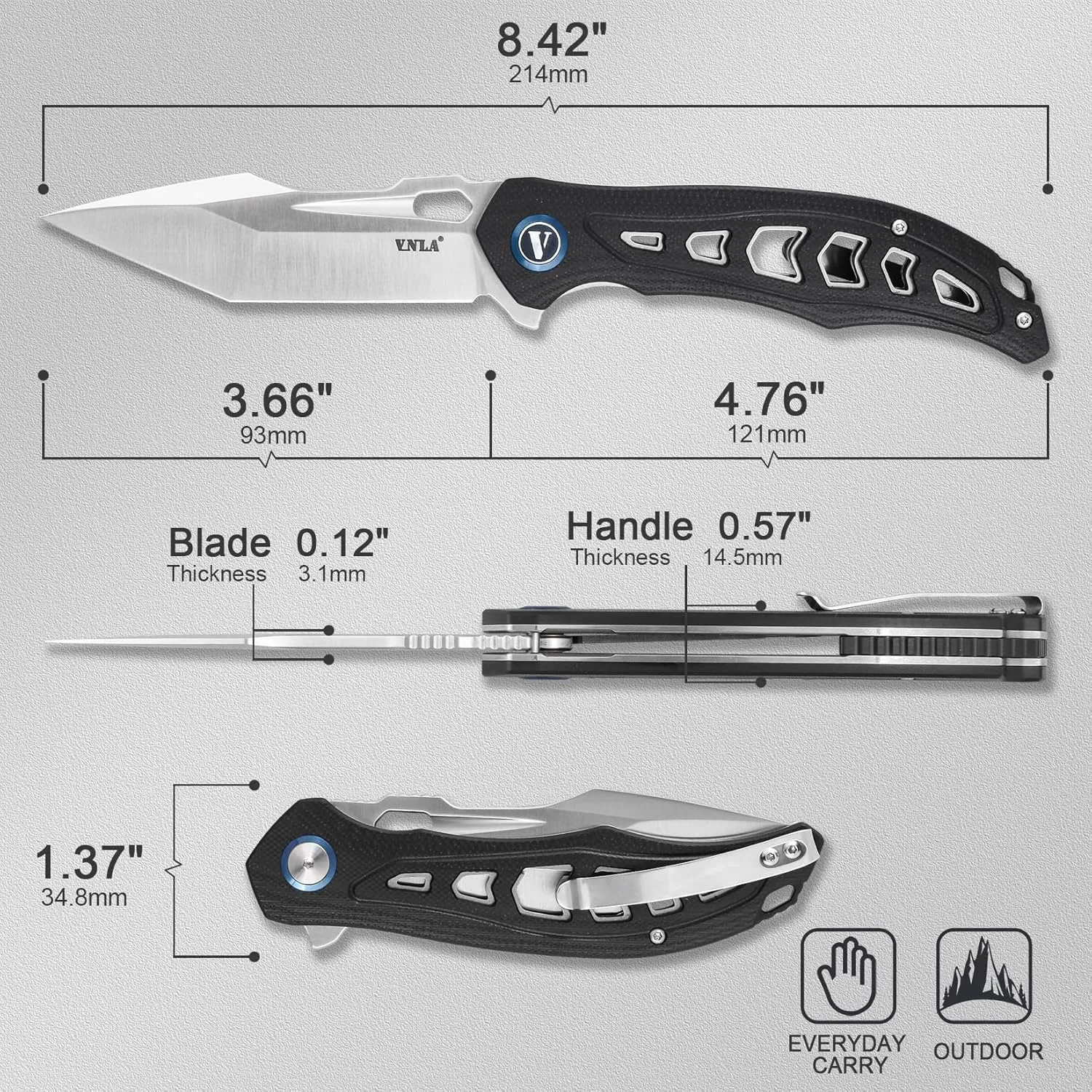 VNLA Folding Pocket Knife, Sandvik 14C28N Steel Tanto Point Blade,G10 Handle,with Clip,EDC Knife, Gifts Pocket Knife for Men Women. (Sanding blade surface)