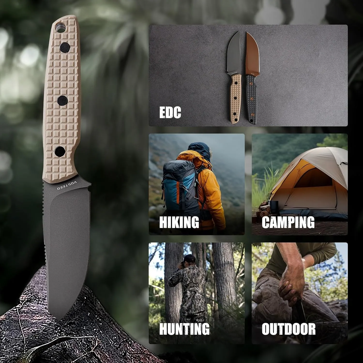 Vosteed Mink EDC Fixed Blade Knife - 3.33” 14C28N Blade with Sheath, Clip Point, Sand G10 Handle - Great Knives for Camping Hunting - D0107
