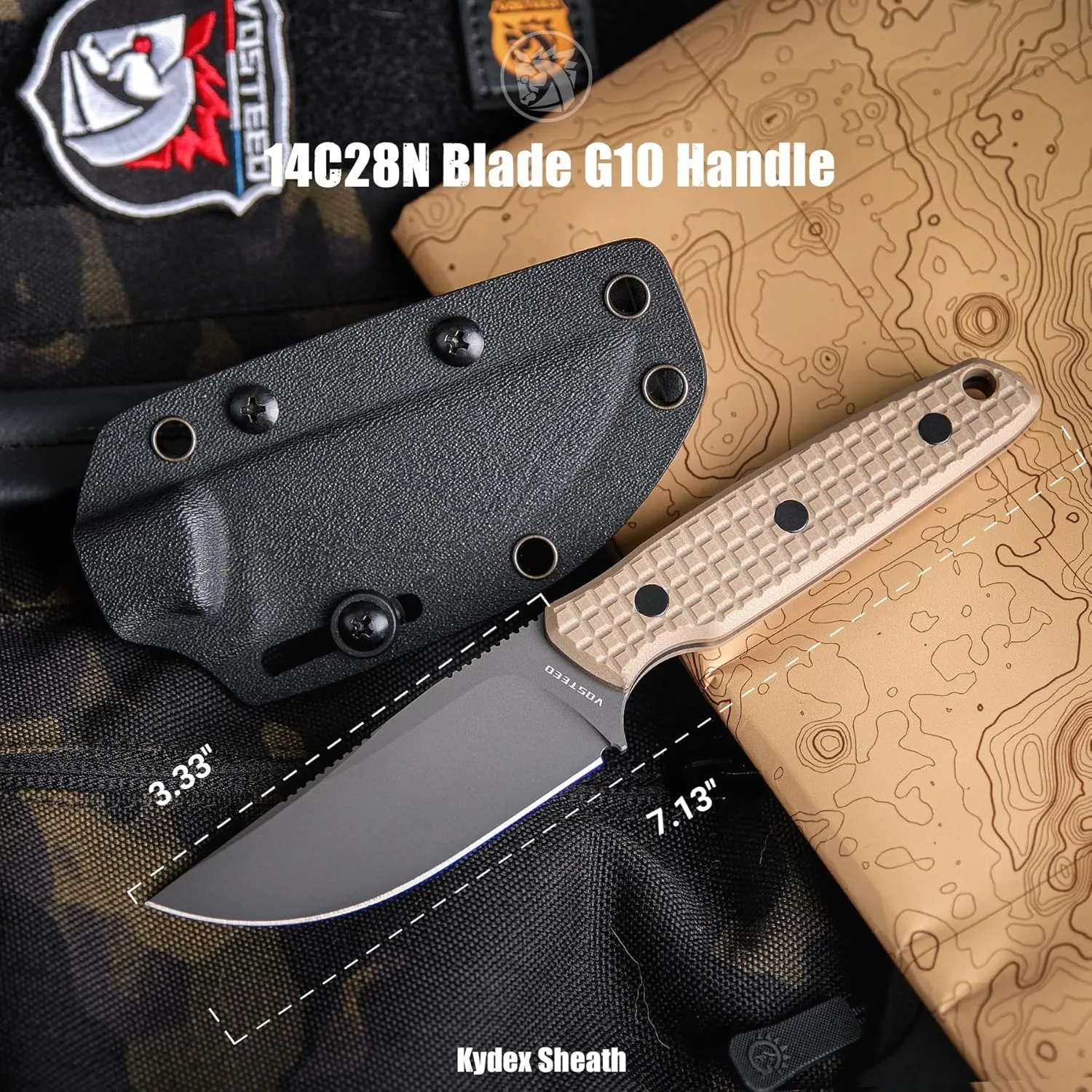 Vosteed Mink EDC Fixed Blade Knife - 3.33” 14C28N Blade with Sheath, Clip Point, Sand G10 Handle - Great Knives for Camping Hunting - D0107