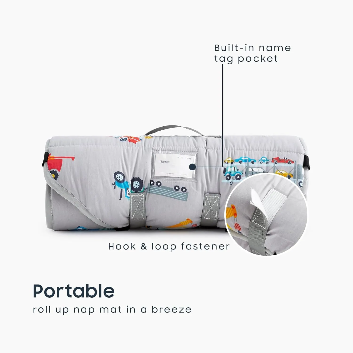Wake In Cloud - Cot Nap Mat with Pillow and Blanket, 100% Cotton Fabric, for Toddler Kids Boys Girls in Daycare Kindergarten Preschool with Elastic Corner Straps, Cars Cranes Trucks on Gray