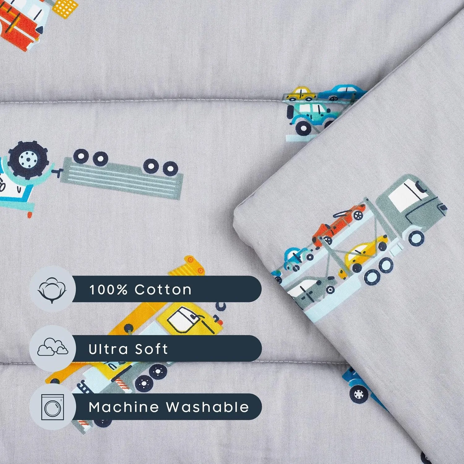 Wake In Cloud - Cot Nap Mat with Pillow and Blanket, 100% Cotton Fabric, for Toddler Kids Boys Girls in Daycare Kindergarten Preschool with Elastic Corner Straps, Cars Cranes Trucks on Gray