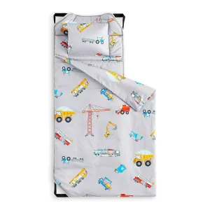 Wake In Cloud - Cot Nap Mat with Pillow and Blanket, 100% Cotton Fabric, for Toddler Kids Boys Girls in Daycare Kindergarten Preschool with Elastic Corner Straps, Cars Cranes Trucks on Gray