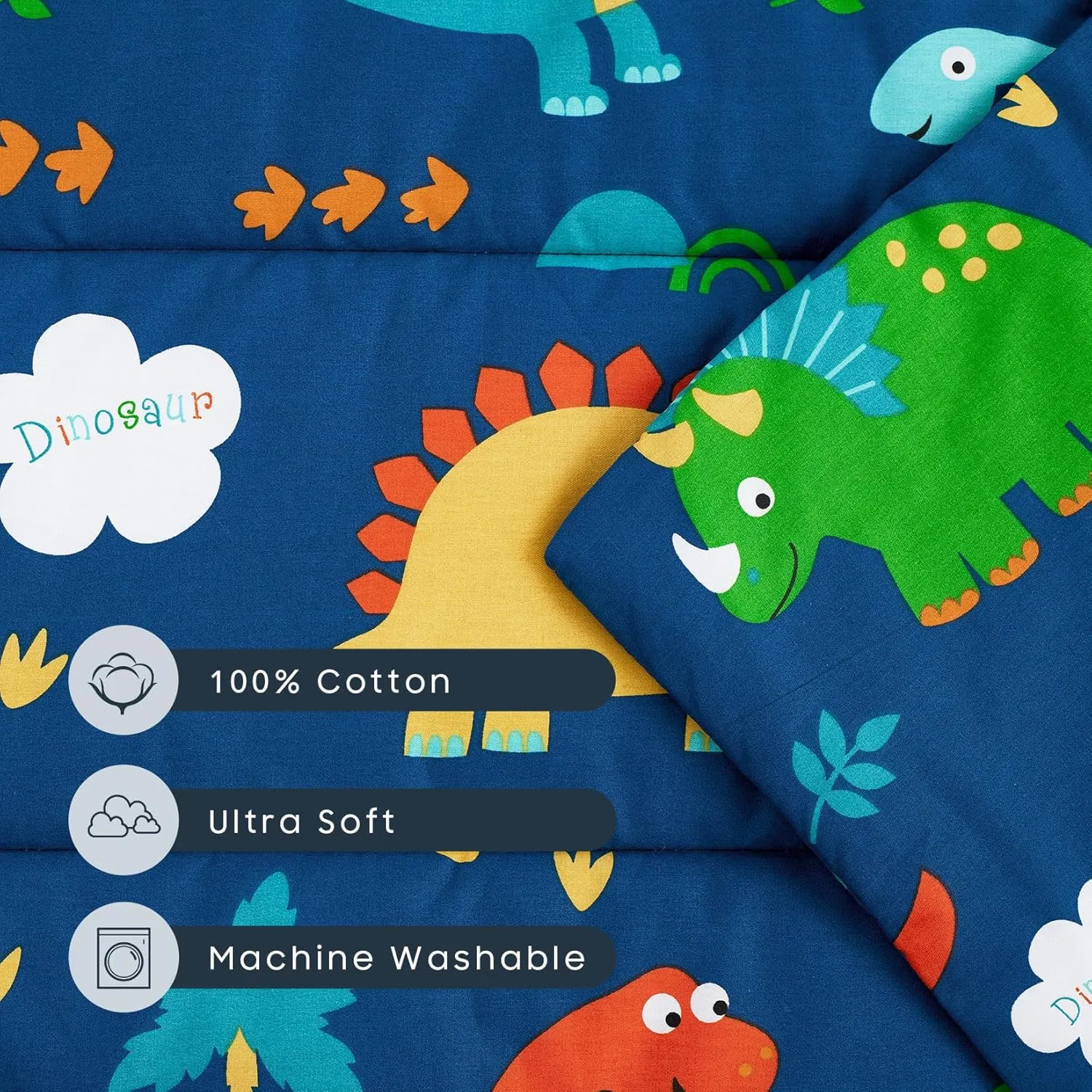 Wake In Cloud - Cot Nap Mat with Pillow and Blanket, 100% Cotton Fabric, for Toddler Kids Boys Girls in Daycare Kindergarten Preschool with Elastic Corner Straps, Dinosaurs on Navy Blue