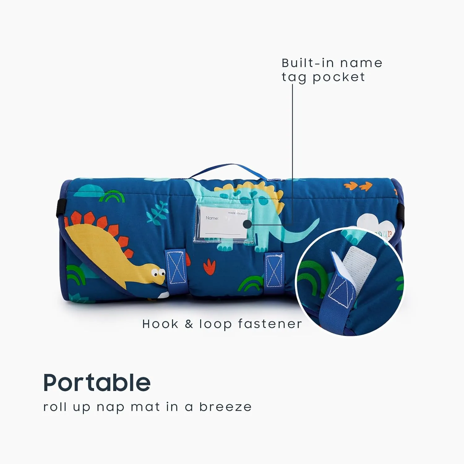 Wake In Cloud - Cot Nap Mat with Pillow and Blanket, 100% Cotton Fabric, for Toddler Kids Boys Girls in Daycare Kindergarten Preschool with Elastic Corner Straps, Dinosaurs on Navy Blue