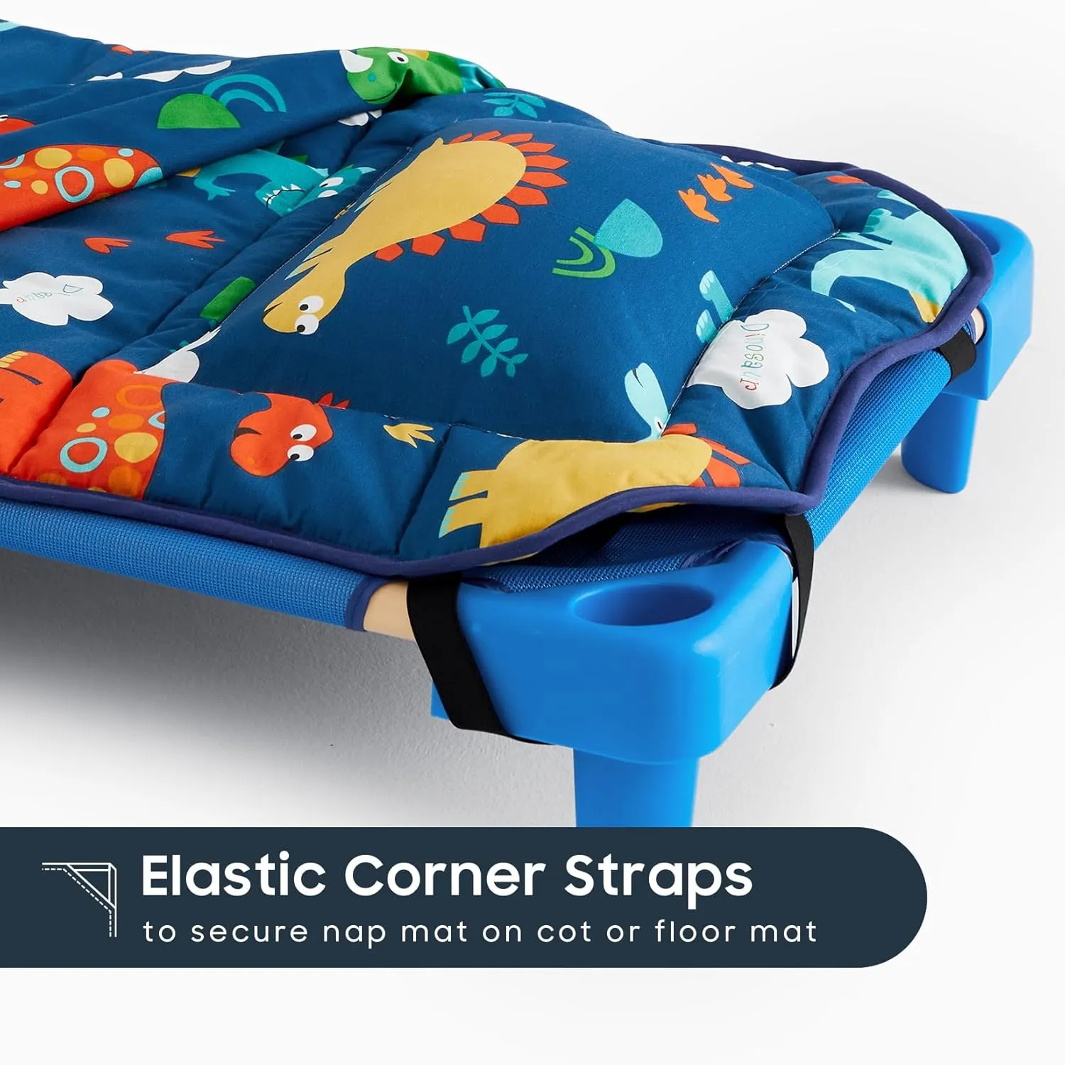Wake In Cloud - Cot Nap Mat with Pillow and Blanket, 100% Cotton Fabric, for Toddler Kids Boys Girls in Daycare Kindergarten Preschool with Elastic Corner Straps, Dinosaurs on Navy Blue