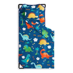 Wake In Cloud - Cot Nap Mat with Pillow and Blanket, 100% Cotton Fabric, for Toddler Kids Boys Girls in Daycare Kindergarten Preschool with Elastic Corner Straps, Dinosaurs on Navy Blue