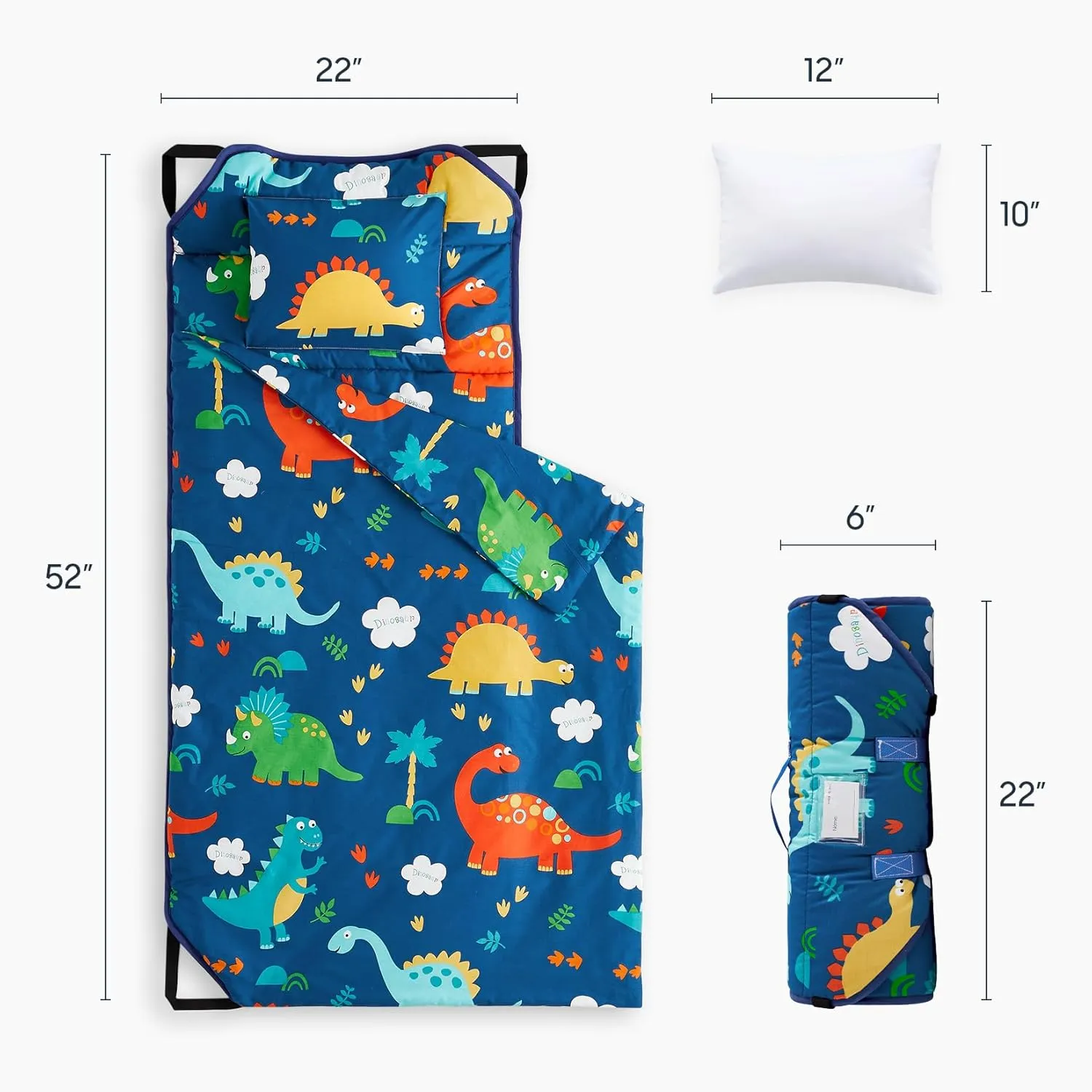 Wake In Cloud - Cot Nap Mat with Pillow and Blanket, 100% Cotton Fabric, for Toddler Kids Boys Girls in Daycare Kindergarten Preschool with Elastic Corner Straps, Dinosaurs on Navy Blue