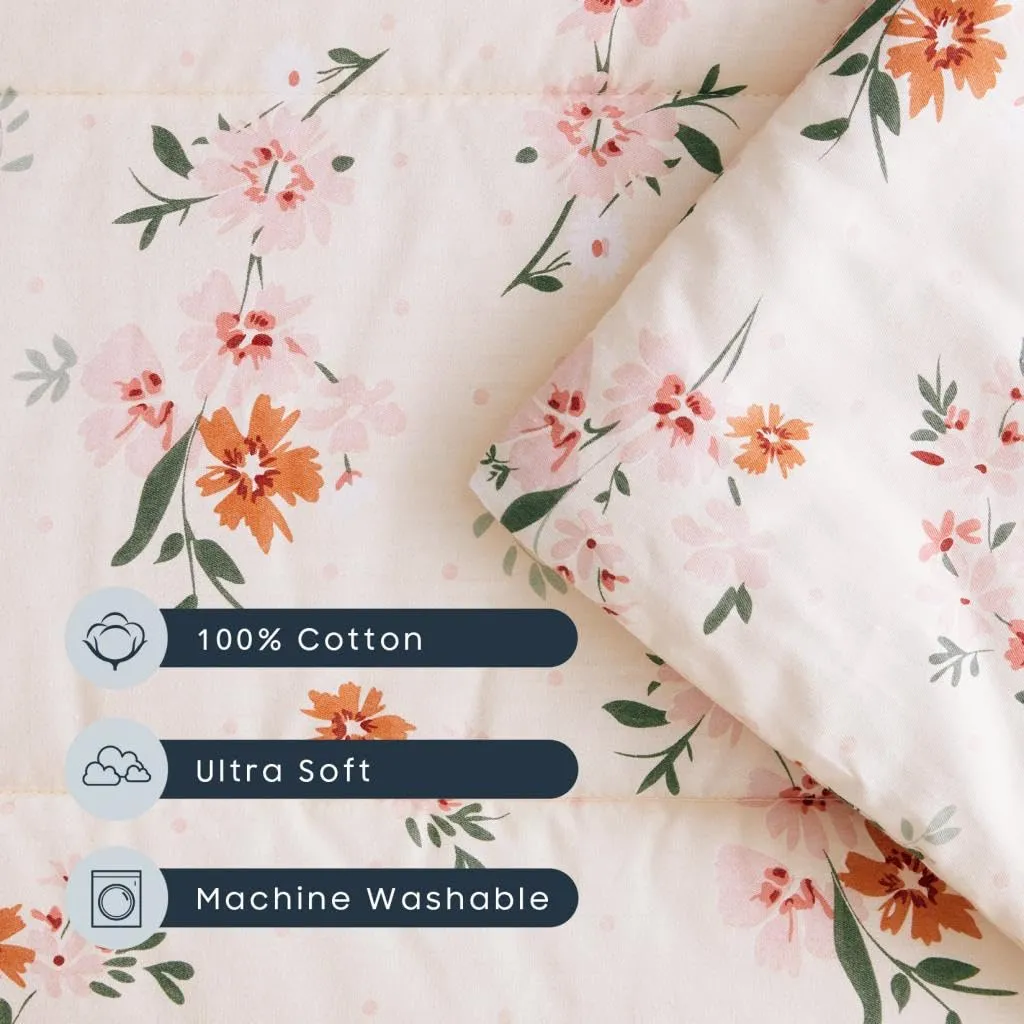 Wake In Cloud - Cot Nap Mat with Pillow and Blanket, 100% Cotton Fabric, for Toddler Kids Boys Girls in Daycare Kindergarten Preschool with Elastic Corner Straps, Floral Flowers on Light Pink