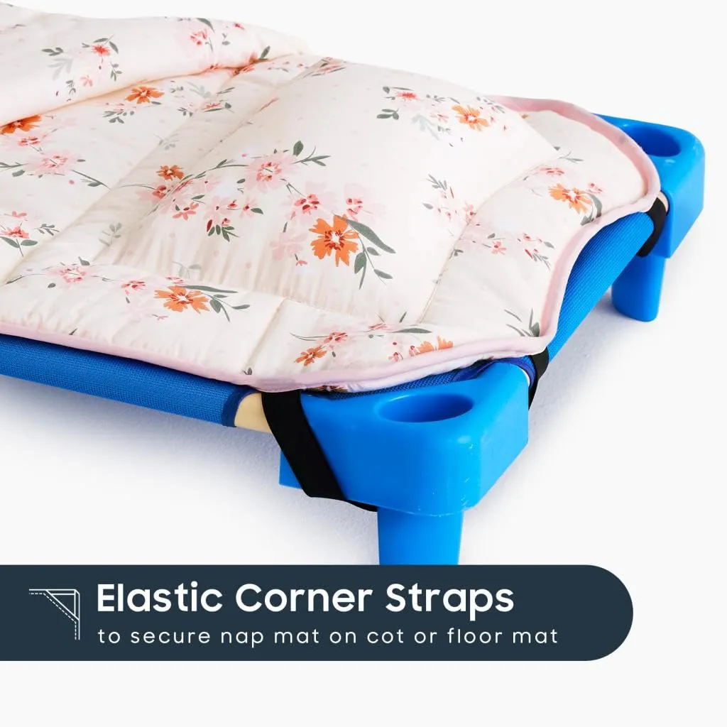 Wake In Cloud - Cot Nap Mat with Pillow and Blanket, 100% Cotton Fabric, for Toddler Kids Boys Girls in Daycare Kindergarten Preschool with Elastic Corner Straps, Floral Flowers on Light Pink