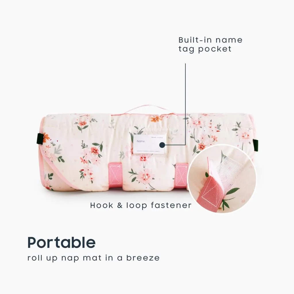 Wake In Cloud - Cot Nap Mat with Pillow and Blanket, 100% Cotton Fabric, for Toddler Kids Boys Girls in Daycare Kindergarten Preschool with Elastic Corner Straps, Floral Flowers on Light Pink