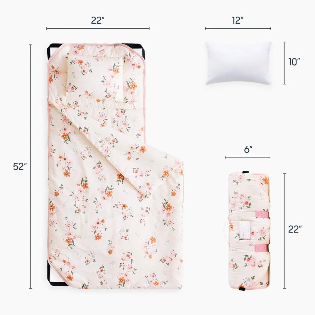 Wake In Cloud - Cot Nap Mat with Pillow and Blanket, 100% Cotton Fabric, for Toddler Kids Boys Girls in Daycare Kindergarten Preschool with Elastic Corner Straps, Floral Flowers on Light Pink