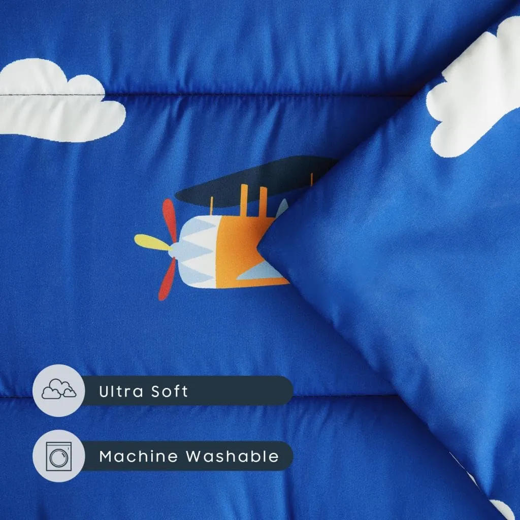 Wake In Cloud - Cot Nap Mat with Pillow and Blanket, for Toddler Kids Boys Girls in Daycare Kindergarten Preschool Pre K with Elastic Corner Straps, Cars Vehicles Trains Airplanes, Blue White