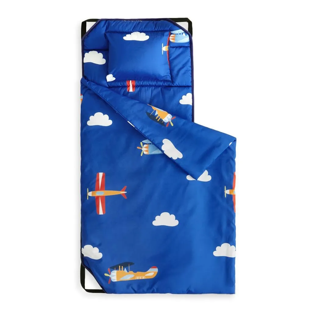 Wake In Cloud - Cot Nap Mat with Pillow and Blanket, for Toddler Kids Boys Girls in Daycare Kindergarten Preschool Pre K with Elastic Corner Straps, Cars Vehicles Trains Airplanes, Blue White
