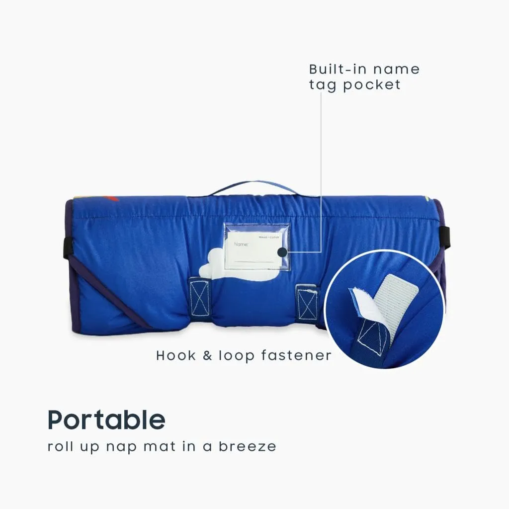 Wake In Cloud - Cot Nap Mat with Pillow and Blanket, for Toddler Kids Boys Girls in Daycare Kindergarten Preschool Pre K with Elastic Corner Straps, Cars Vehicles Trains Airplanes, Blue White