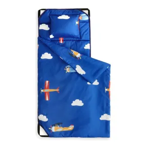 Wake In Cloud - Cot Nap Mat with Pillow and Blanket, for Toddler Kids Boys Girls in Daycare Kindergarten Preschool Pre K with Elastic Corner Straps, Cars Vehicles Trains Airplanes, Blue White