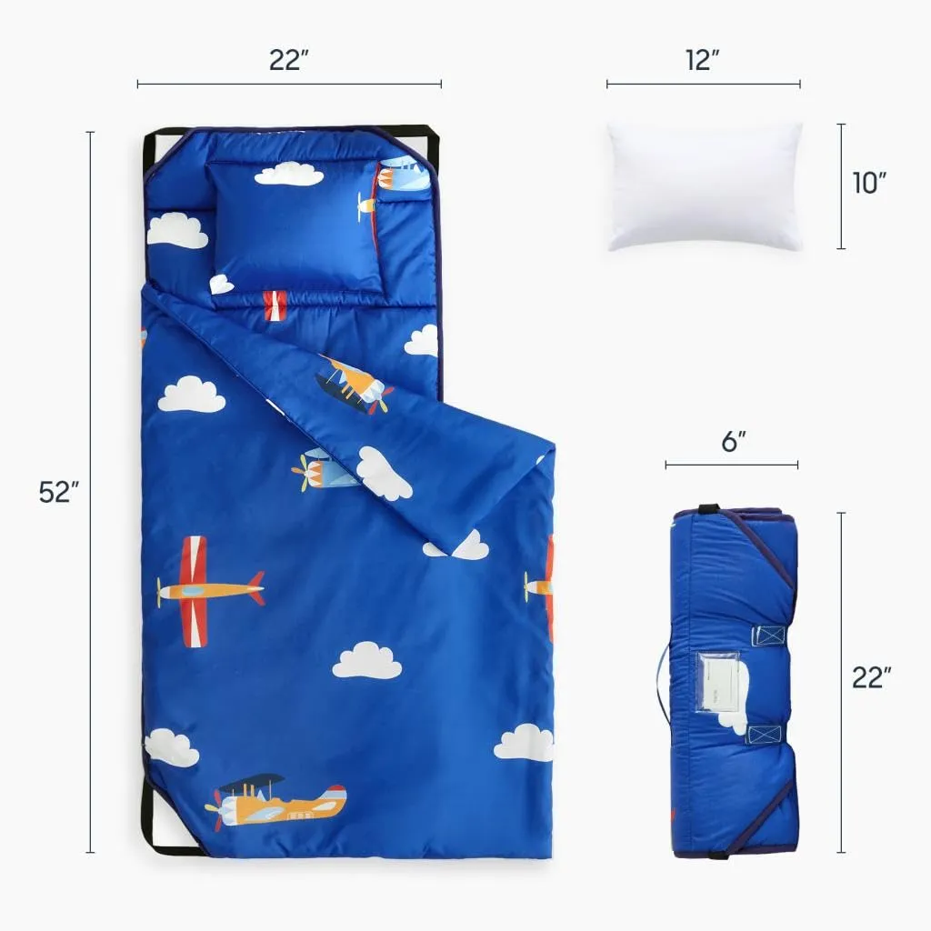 Wake In Cloud - Cot Nap Mat with Pillow and Blanket, for Toddler Kids Boys Girls in Daycare Kindergarten Preschool Pre K with Elastic Corner Straps, Cars Vehicles Trains Airplanes, Blue White