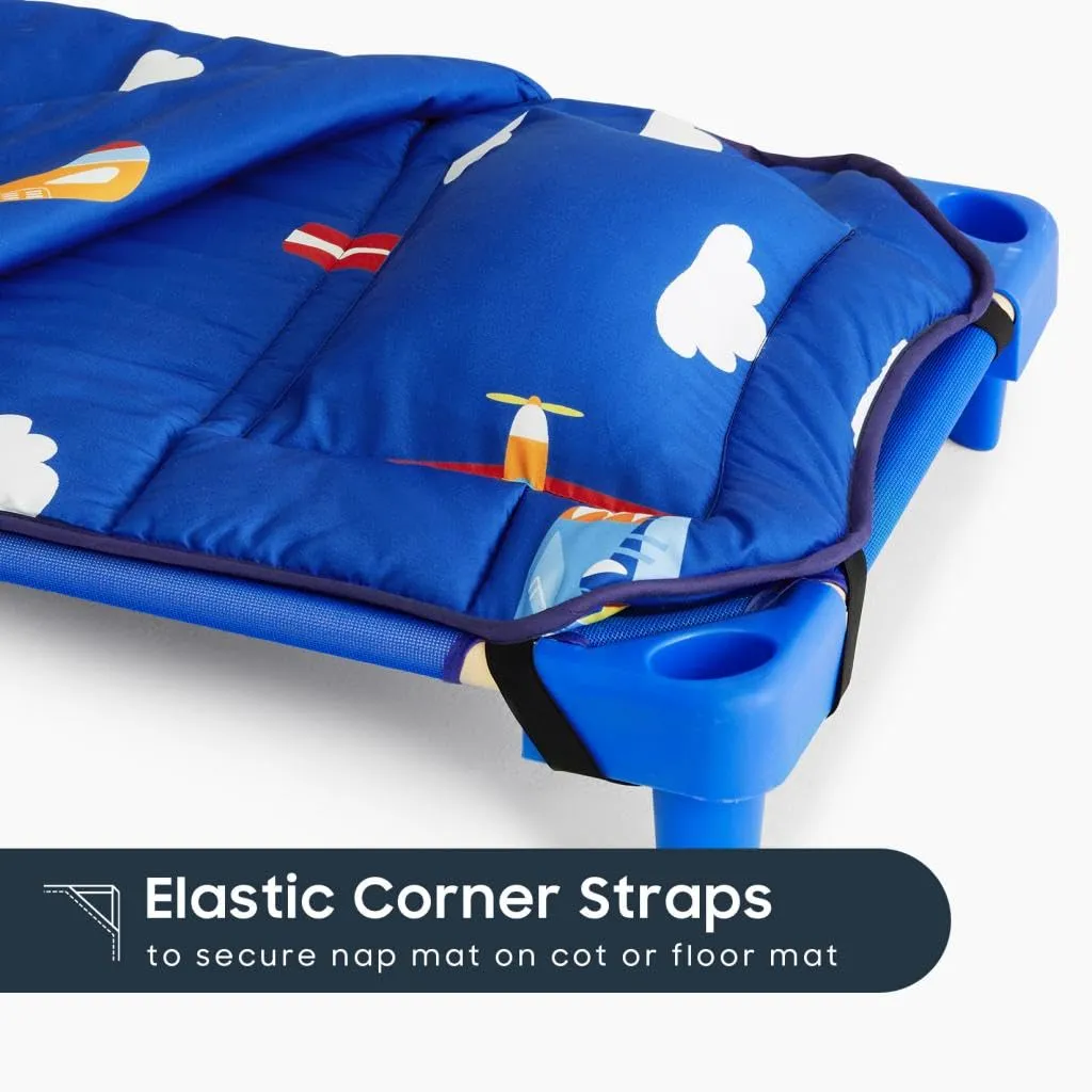 Wake In Cloud - Cot Nap Mat with Pillow and Blanket, for Toddler Kids Boys Girls in Daycare Kindergarten Preschool Pre K with Elastic Corner Straps, Cars Vehicles Trains Airplanes, Blue White