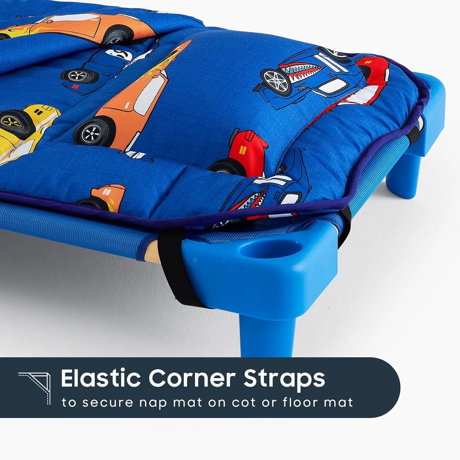 Wake In Cloud - Cot Nap Mat with Pillow and Blanket, for Toddler Kids Boys Girls in Daycare Kindergarten Preschool Pre K with Elastic Corner Straps, Cars Vehicles Trains Airplanes, Blue