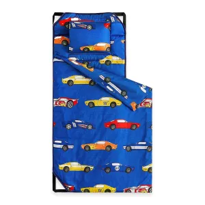 Wake In Cloud - Cot Nap Mat with Pillow and Blanket, for Toddler Kids Boys Girls in Daycare Kindergarten Preschool Pre K with Elastic Corner Straps, Cars Vehicles Trains Airplanes, Blue