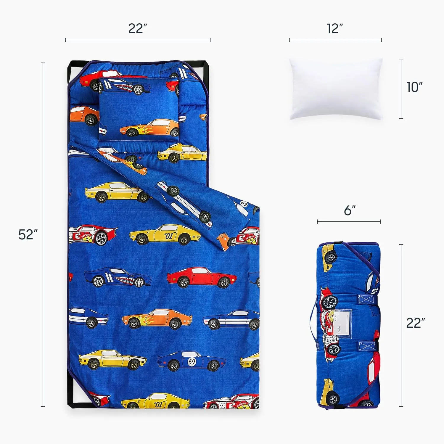 Wake In Cloud - Cot Nap Mat with Pillow and Blanket, for Toddler Kids Boys Girls in Daycare Kindergarten Preschool Pre K with Elastic Corner Straps, Cars Vehicles Trains Airplanes, Blue