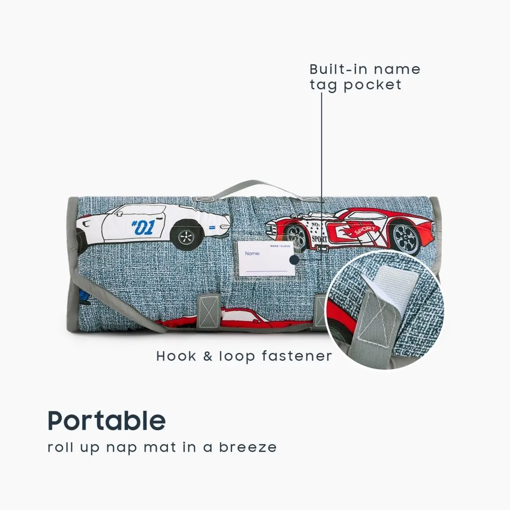 Wake In Cloud - Cot Nap Mat with Pillow and Blanket, for Toddler Kids Boys Girls in Daycare Kindergarten Preschool Pre K with Elastic Corner Straps, Cars Vehicles Trains Airplanes, Grey