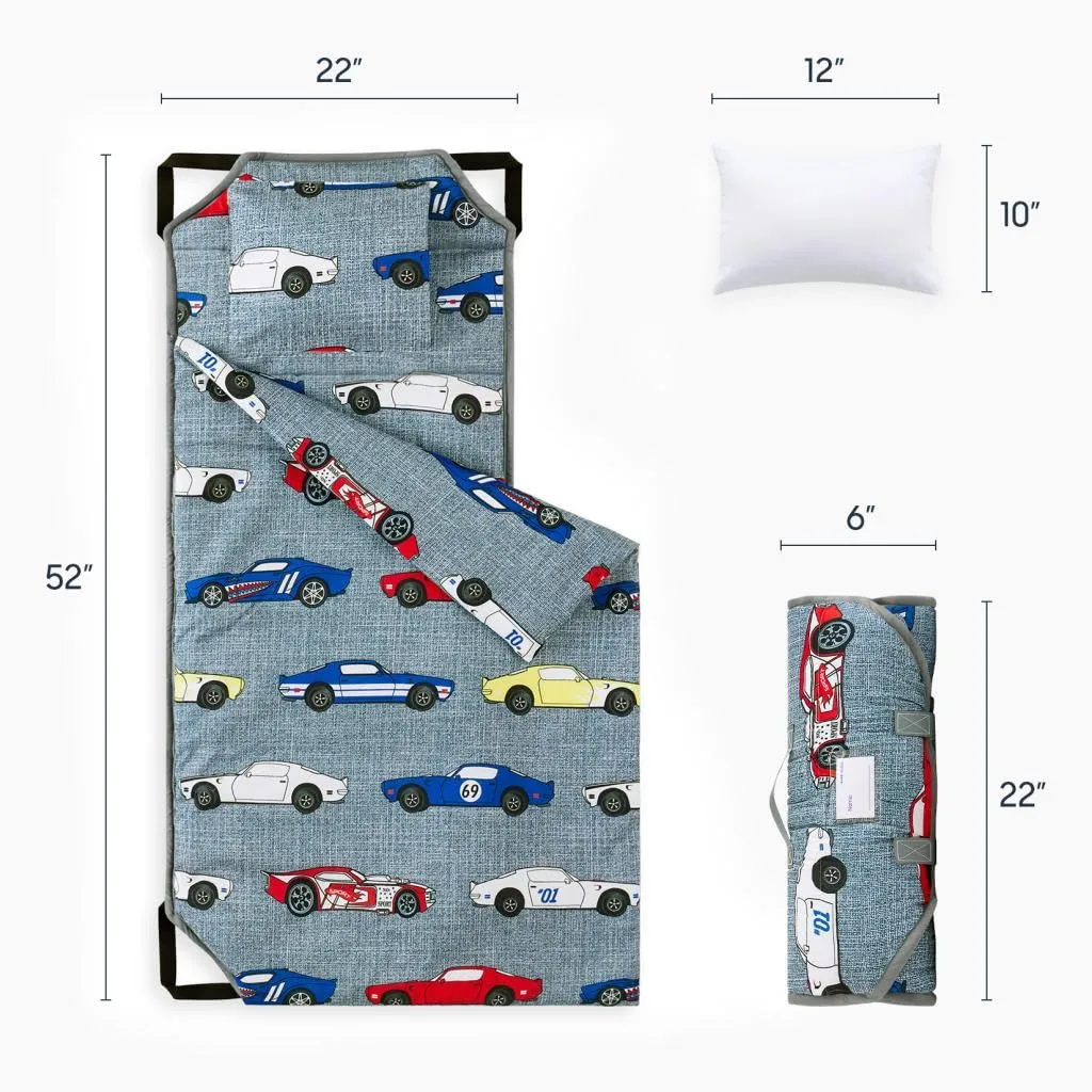 Wake In Cloud - Cot Nap Mat with Pillow and Blanket, for Toddler Kids Boys Girls in Daycare Kindergarten Preschool Pre K with Elastic Corner Straps, Cars Vehicles Trains Airplanes, Grey
