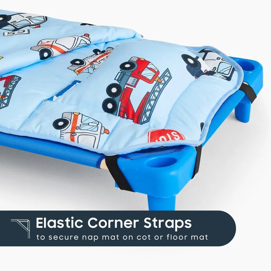 Wake In Cloud - Cot Nap Mat with Pillow and Blanket, for Toddler Kids Boys Girls in Daycare Kindergarten Preschool Pre K with Elastic Corner Straps, Cars Vehicles Trains Airplanes, Light Blue