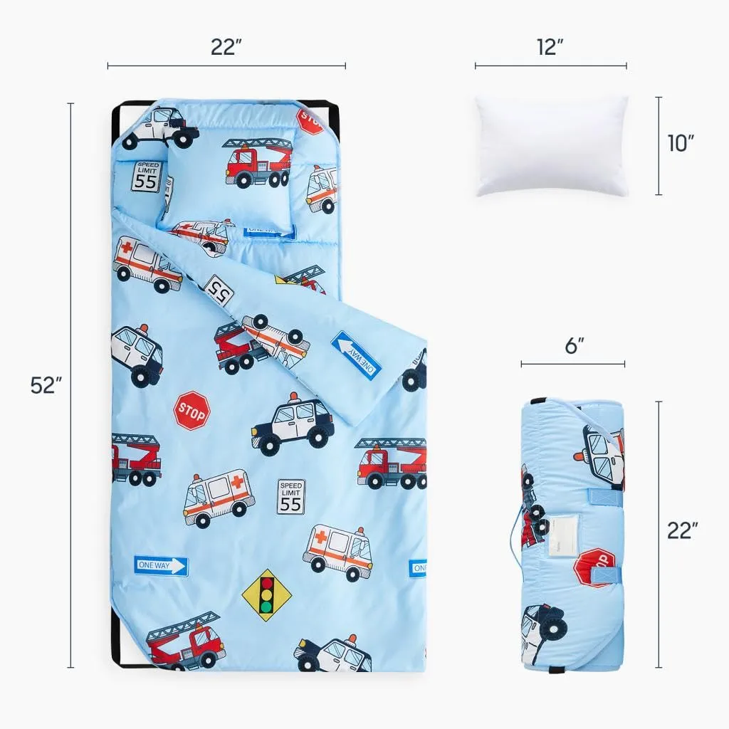 Wake In Cloud - Cot Nap Mat with Pillow and Blanket, for Toddler Kids Boys Girls in Daycare Kindergarten Preschool Pre K with Elastic Corner Straps, Cars Vehicles Trains Airplanes, Light Blue