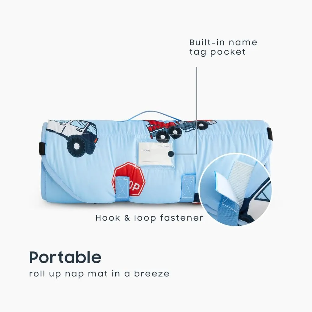 Wake In Cloud - Cot Nap Mat with Pillow and Blanket, for Toddler Kids Boys Girls in Daycare Kindergarten Preschool Pre K with Elastic Corner Straps, Cars Vehicles Trains Airplanes, Light Blue
