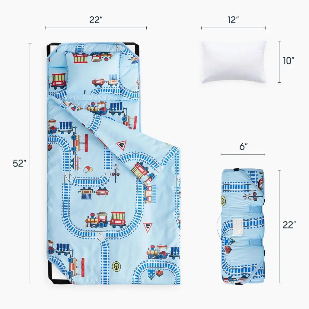 Wake In Cloud - Cot Nap Mat with Pillow and Blanket, for Toddler Kids Boys Girls in Daycare Kindergarten Preschool Pre K with Elastic Corner Straps, Cars Vehicles Trains Airplanes, Light Sky Blue