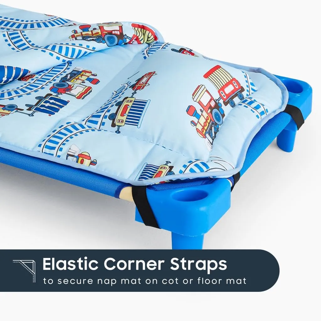 Wake In Cloud - Cot Nap Mat with Pillow and Blanket, for Toddler Kids Boys Girls in Daycare Kindergarten Preschool Pre K with Elastic Corner Straps, Cars Vehicles Trains Airplanes, Light Sky Blue