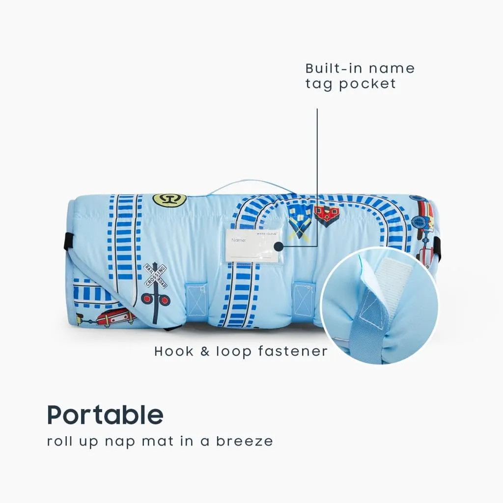 Wake In Cloud - Cot Nap Mat with Pillow and Blanket, for Toddler Kids Boys Girls in Daycare Kindergarten Preschool Pre K with Elastic Corner Straps, Cars Vehicles Trains Airplanes, Light Sky Blue