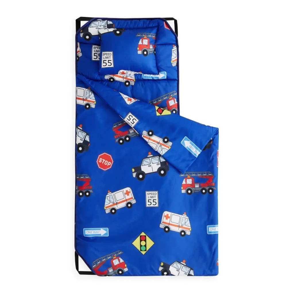 Wake In Cloud - Cot Nap Mat with Pillow and Blanket, for Toddler Kids Boys Girls in Daycare Kindergarten Preschool Pre K with Elastic Corner Straps, Cars Vehicles Trains Airplanes, Royal Blue