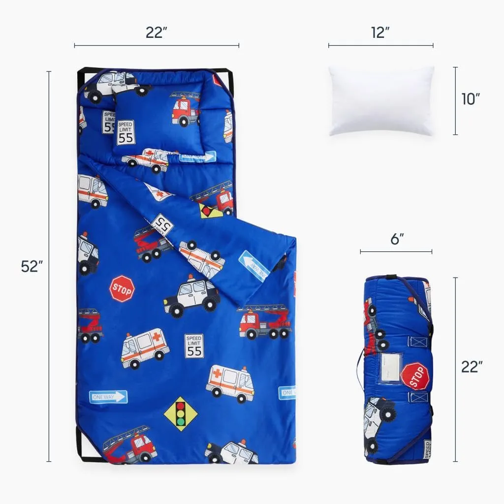 Wake In Cloud - Cot Nap Mat with Pillow and Blanket, for Toddler Kids Boys Girls in Daycare Kindergarten Preschool Pre K with Elastic Corner Straps, Cars Vehicles Trains Airplanes, Royal Blue