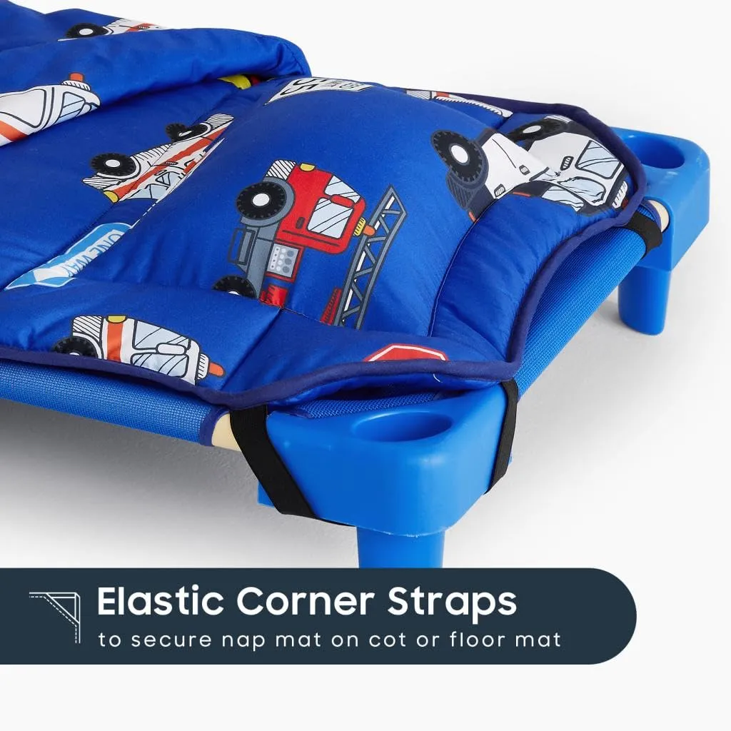 Wake In Cloud - Cot Nap Mat with Pillow and Blanket, for Toddler Kids Boys Girls in Daycare Kindergarten Preschool Pre K with Elastic Corner Straps, Cars Vehicles Trains Airplanes, Royal Blue
