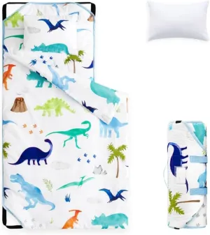 Wake In Cloud - Cot Nap Mat with Pillow and Blanket, for Toddler Kids Boys Girls in Daycare Kindergarten Preschool Pre K with Elastic Corner Straps, Cute Colorful Dinosaur