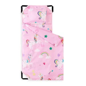 Wake In Cloud - Cot Nap Mat with Pillow and Blanket, for Toddler Kids Boys Girls in Daycare Kindergarten Preschool Pre K with Elastic Corner Straps, Cute Colorful Unicorns, Pink White