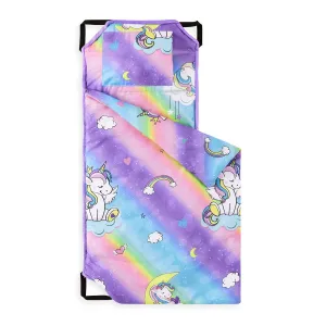 Wake In Cloud - Cot Nap Mat with Pillow and Blanket, for Toddler Kids Boys Girls in Daycare Kindergarten Preschool Pre K with Elastic Corner Straps, Cute Colorful Unicorns, Purple Blue Pink